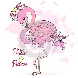 Cute Little Princess Flamingo with flowers. Vector Illustration EPS10. photo