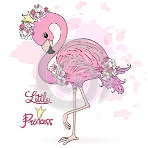 Cute Little Princess Flamingo with flowers. Vector Illustration EPS10.