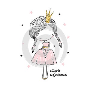 Cute little princess girl. Fashion illustration for kids