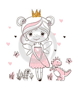 A cute little princess is walking with a home dinosaur. Hand drawn simple doodle illustration. Character for baby shower, birthday