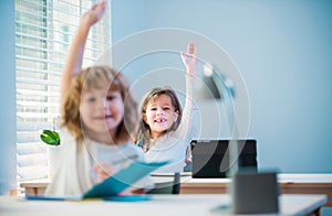 Cute little pupils raising hands during lesson. Children in classroom at school.