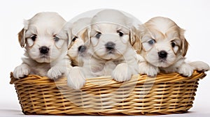 Cute little puppies peeking out in a basket on a white background