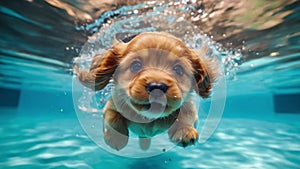 Cute little puppy diving into clean swimming pool water