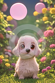 Cute little puppy, dog as 3D cartoon character playing in the garden. 3d render.