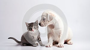 Cute little puppy and kitten over white isolated background, studio shot.