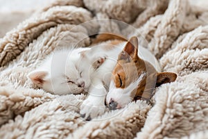 Cute little puppy and kitten sleeping together on cozy blanket