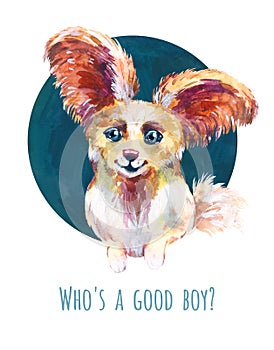 Cute little puppy papillon. Watercolor avatar, funny print for t-shirt, sticker or illustration for dog food packaging