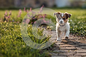 A cute little puppy is playing in the park. Baby dog on a walk in the city park. Copy space.