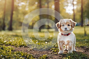 A cute little puppy is playing in the park. Baby dog on a walk in the city park. Copy space.