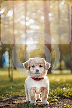 A cute little puppy is playing in the park. Baby dog on a walk in the city park. Copy space