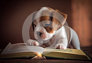 Cute little puppy reading a book. AI genarated