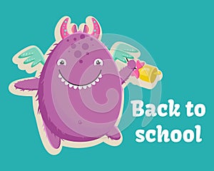 Cute little purple monster is ready for the first day of school with a bell in his paw. Vector illustration.