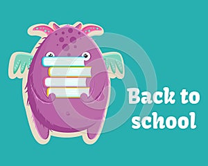 Cute little purple monster is ready to back to school with a books. Vector illustration.