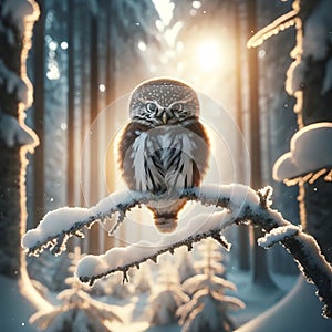 Cute Little Pygmy Owl Snowy Evening Forest AI Generated