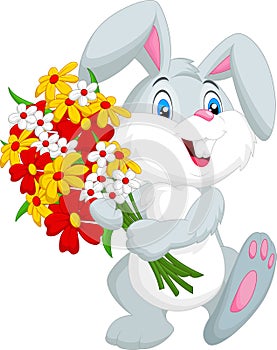 Cute little rabbit cartoon holding a bouquet