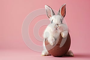 Cute little rabbit with chocolate egg on pink background, easter concept