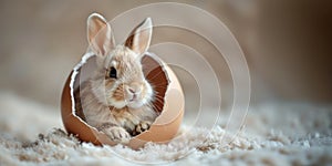 Cute little rabbit in eggshell on fur background, closeup