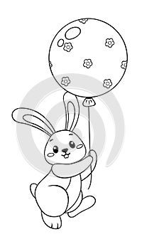 Cute little rabbit flying with balloon. Black and white vector illustration for coloring book