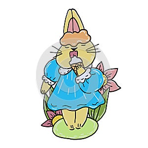 Cute little rabbit girl in dress eating ice cream. Vector hand drawn cartoon illustration