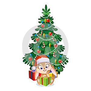 Cute little rabbit in a hat under an ornamented Christmas tree with gifts