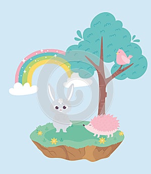 Cute little rabbit and hedgehog bird in tree and animal cartoon design