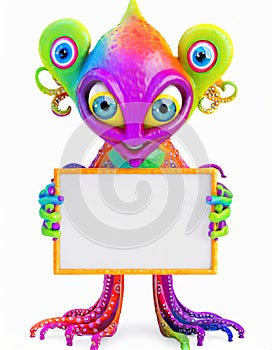 Cute little rainbow alien holding a blank sign