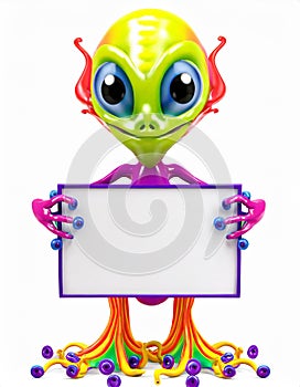 Cute little rainbow alien holding a blank sign