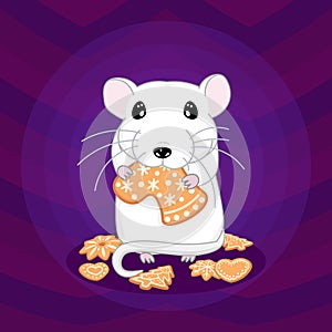 Cute little rat with gingerbread, new year and christmas greeting card, winter holiday background, chinese zodiac animal, editable