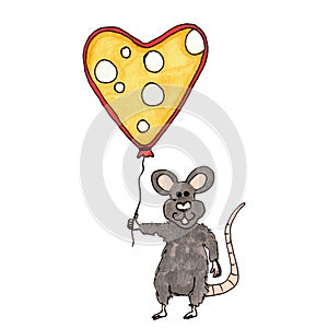 Cute little rat is holding  heart shaped cheese balloon with holes