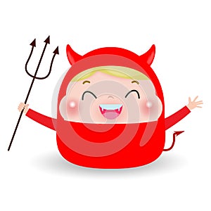 Cute little Red Devil Demon. boy kid in Halloween costume isolated on white background. Halloween Kid Costume Party Vector