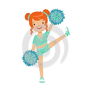 Cute little red haired girl dancing with blue pompoms. Colorful cartoon character vector Illustration