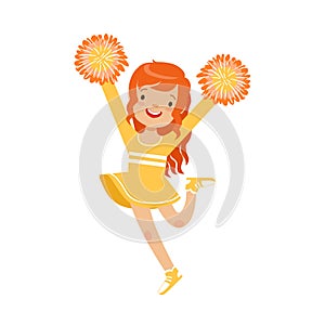 Cute little red haired girl dancing with yellow pompoms. Colorful cartoon character vector Illustration