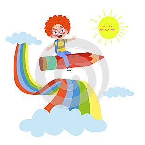 cute Little Red Haired Girl Flying on Colorful Pencil with Sun and Clouds Background Vector Illustration