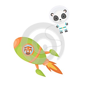 Cute little red panda flying in green rocket. Cartoon panda character in space costume with rocket on white background. Design for