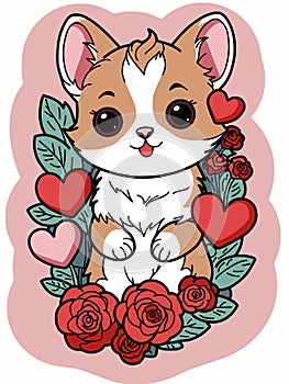 A cute little red-and-white dog, sits in red roses and red and pink hearts. vector