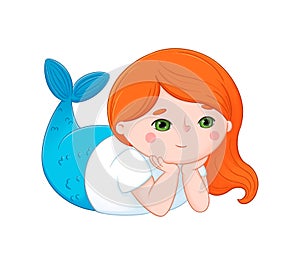 Cute little redhaired mermaid illustration. Digital colorful underwater fairy tale cartoon character.