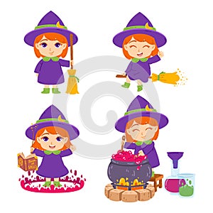 Cute little redhead witch with broom, hat, book of spells, magic wand and pot. The sorceress is brewing potions. Set of elements