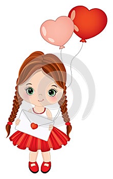 Cute Little Redheaded Girl Holding Heart Shape Air Balloons. Vector Cute Girl with Balloons