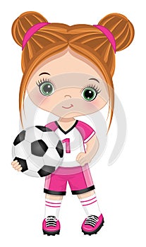 Cute Little Redheaded Girl Holding Soccer Ball. Vector Girl with Football Ball