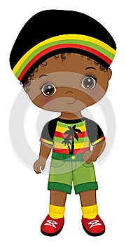 Cute Little Reggae African American Boy Wearing Rastafarian Outfit and Hat. Vector Cute Reggae Black Boy