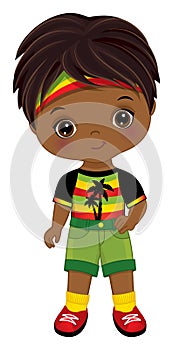 Cute Little Reggae African American Boy Wearing Rastafarian Outfit. Vector Cute Reggae Black Boy