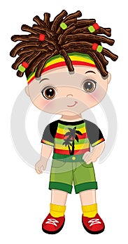 Cute Little Reggae Boy with Dreadlocks Wearing Rastafarian Outfit. Vector Cute Reggae Boy