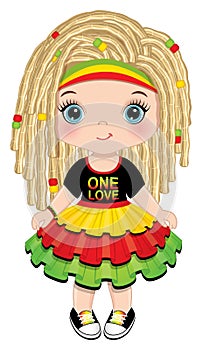 Cute Little Reggae Girl with Dreadlocks Wearing Rastafarian Dress. Vector Reggae Girl