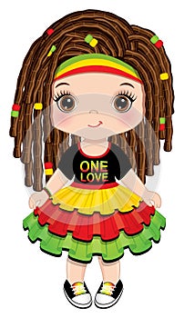 Cute Little Reggae Girl with Dreadlocks Wearing Rastafarian Dress. Vector Reggae Girl photo