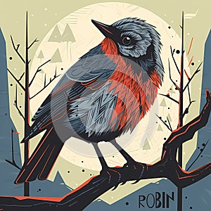 Cute little robin sitting on a tree branch in the autumn forest. Red and gray birdie in the wild. Full body graphic illustration