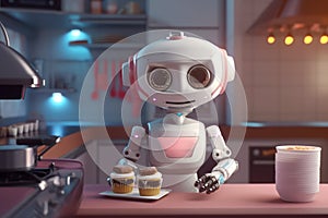 Cute little robot helping in the kitchen. Robotic assistant for the home. Robo chief character making food. Technology, artificial