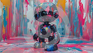 Cute little robot toy on colorful background, panoramic banner