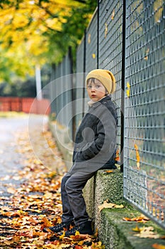 Cute little sad child, boy, sitting lonely on a fence in a park