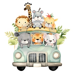 Cute Little Safari Animals In Car Watercolor Clipart Illustration AI Generative