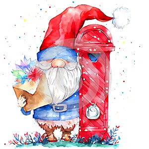 Cute little Santa Claus sending a letter - Christmas watercolor illustration.